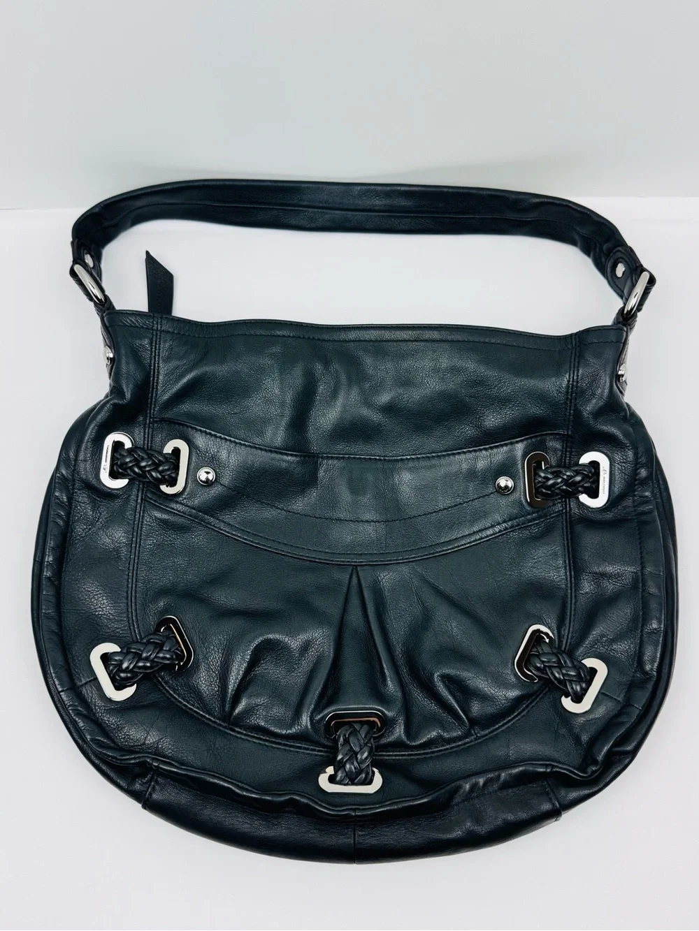 B. Makowsky Black Leather Hobo Bag with silver hardware. Soft, supple leather.